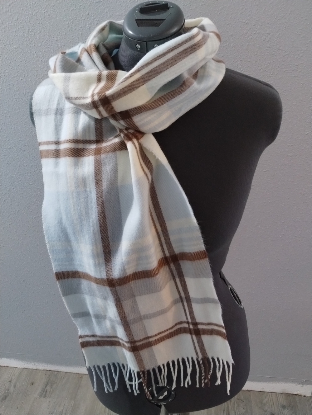 100% Cashmere Hand-Tailored Scarf. Cream, Light Blue, and Brown. Made in Germany